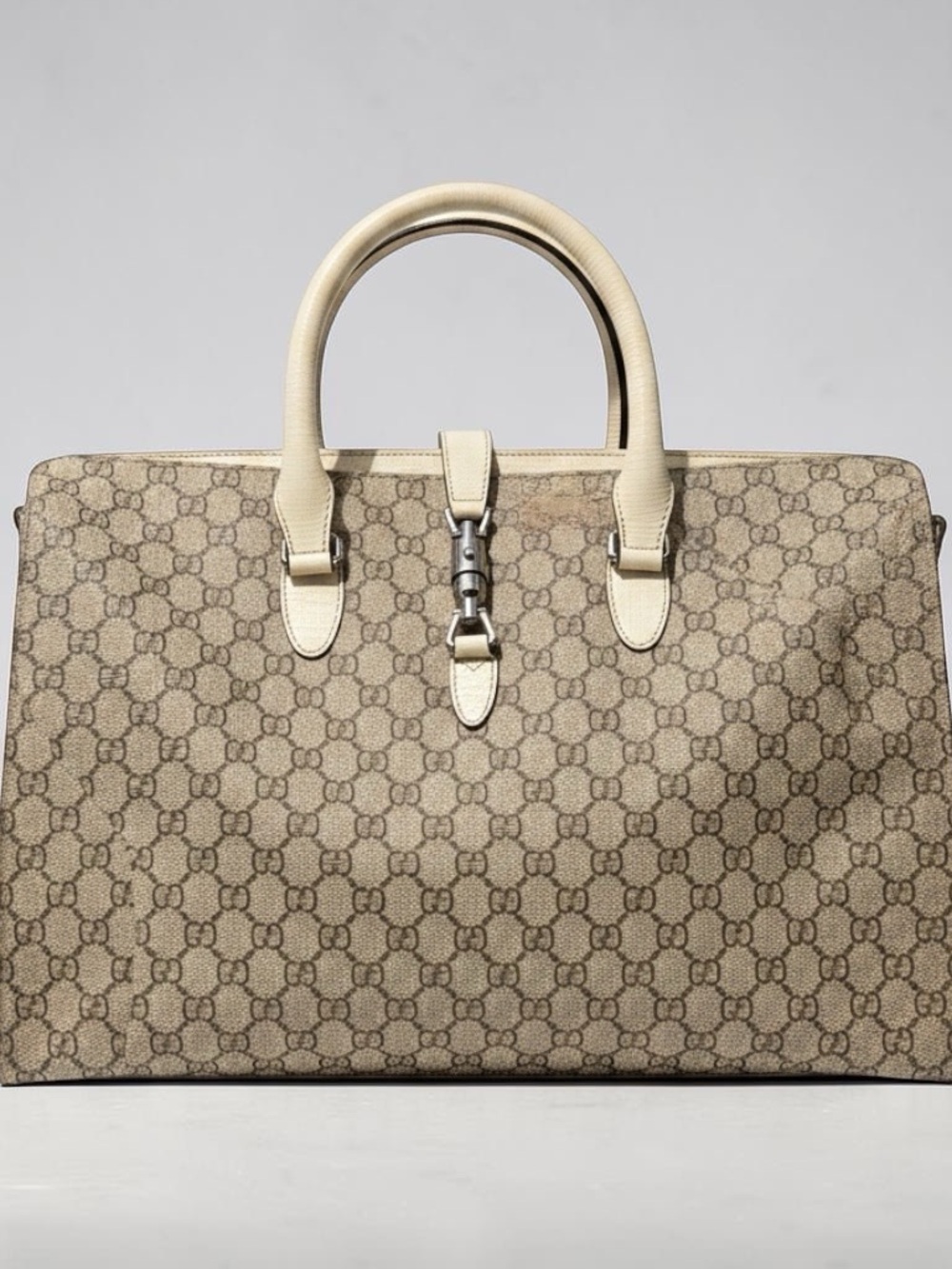 Gucci Beige GG Supreme Tote with Cream Handles and Silver Hardware